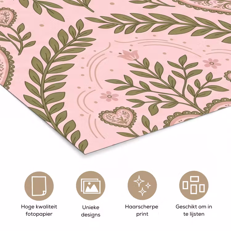 Patroon - Hart - Bloemen - Folkloristisch - Roze poster papier klein -closeup_NL