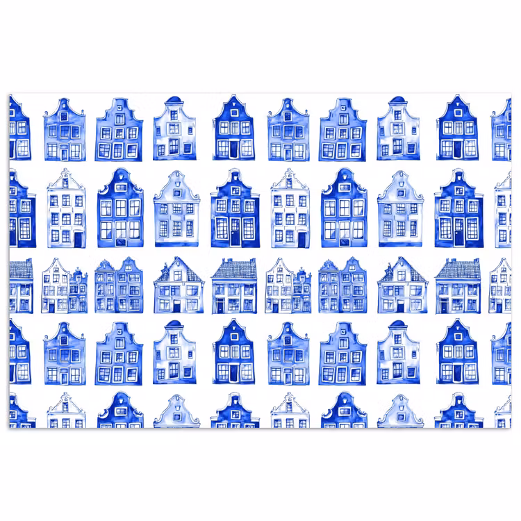 Patroon - Huizen - Blauw poster papier klein 62 -3d