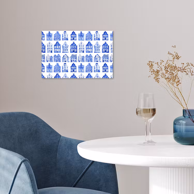 Patroon - Huizen - Blauw poster papier klein 62 -sfeer3