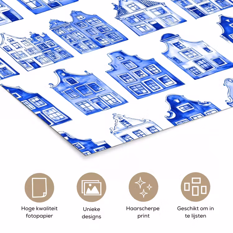 Patroon - Huizen - Blauw poster papier klein 62 -closeup_NL