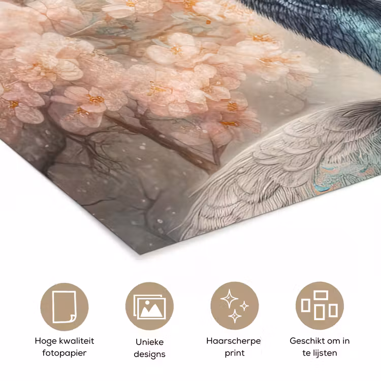 Pauw - Vogels - Bloemen - Boom - Botanisch poster papier klein -closeup_NL