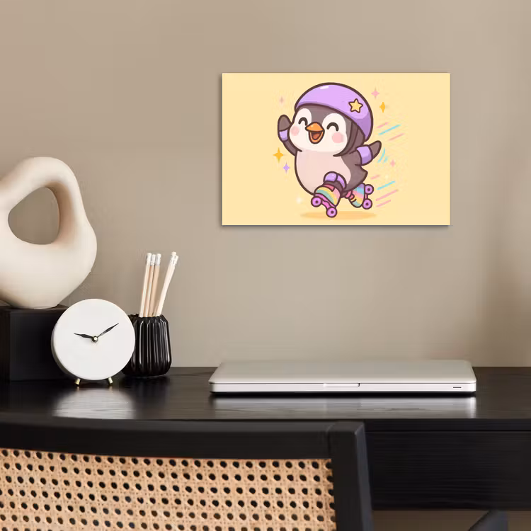 Pinguïn - Rolschaatsen - Geel - Energiek poster papier klein -sfeer1