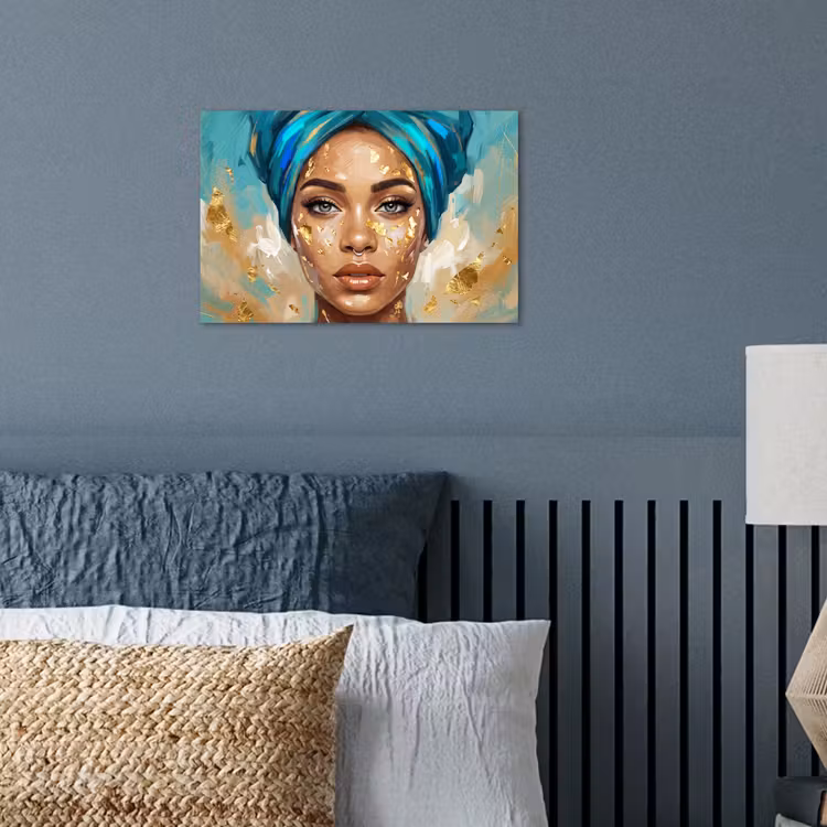 Portret - Vrouw - Schilderij - Blauw - Goud - Expressief poster papier klein -sfeer2