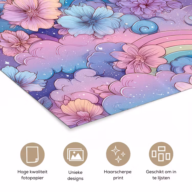 Regenbogen - Bloemen - Kleurrijk - Wolken poster papier klein -closeup_NL