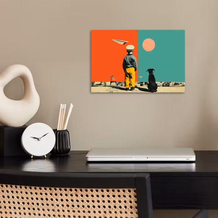 Retro - Jongen - Hond - Rood - Groen poster papier klein -sfeer1
