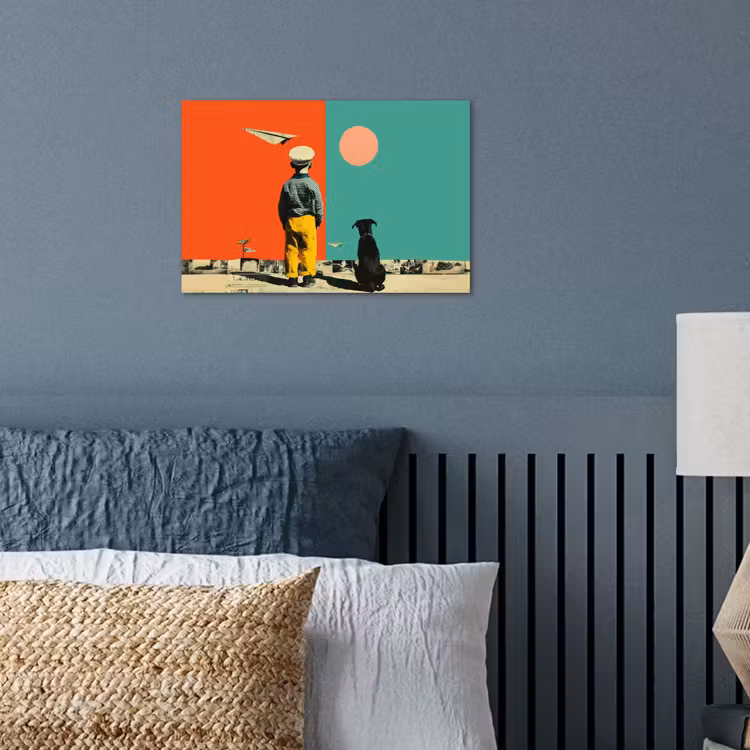 Retro - Jongen - Hond - Rood - Groen poster papier klein -sfeer2