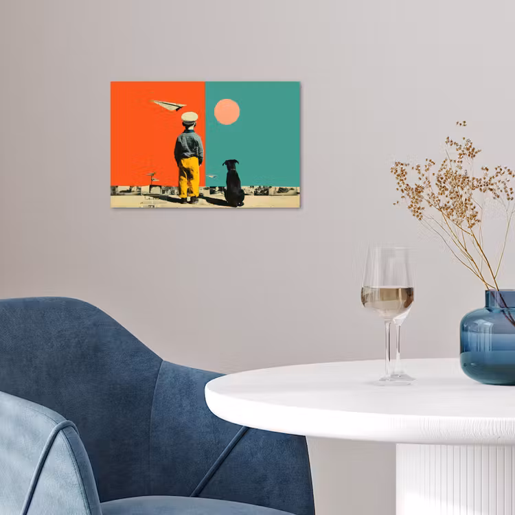 Retro - Jongen - Hond - Rood - Groen poster papier klein -sfeer3