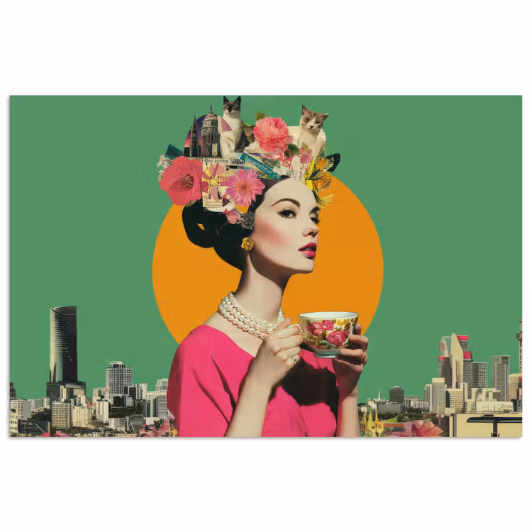 Retro - Vrouw - Stad - Zon poster papier klein -3d