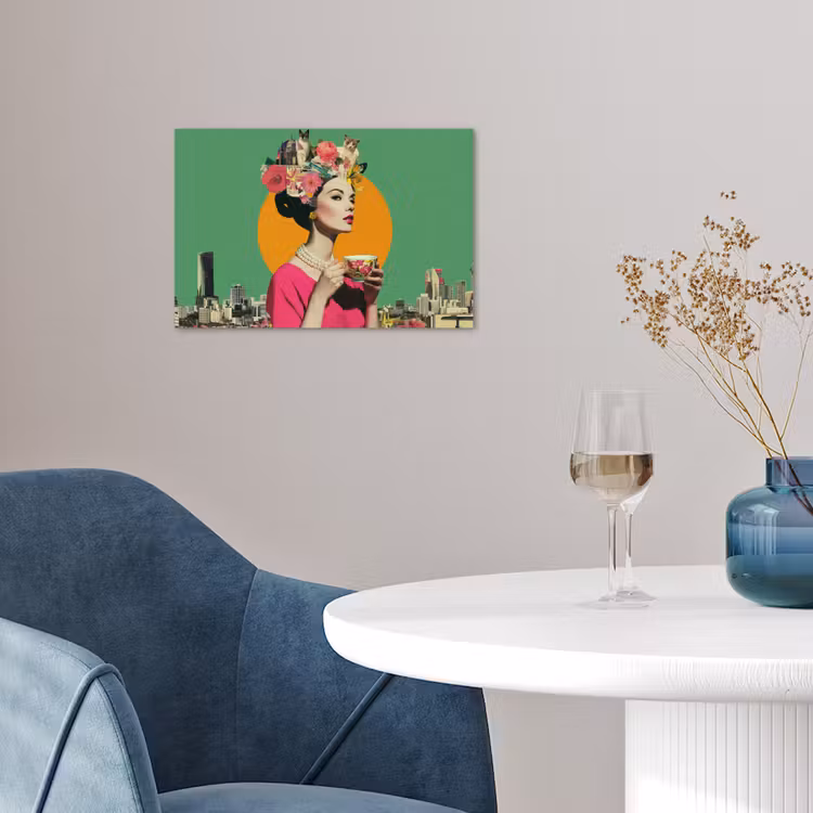Retro - Vrouw - Stad - Zon poster papier klein -sfeer3