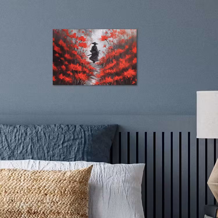 Rode bloemen - mistig - Man poster papier klein -sfeer2