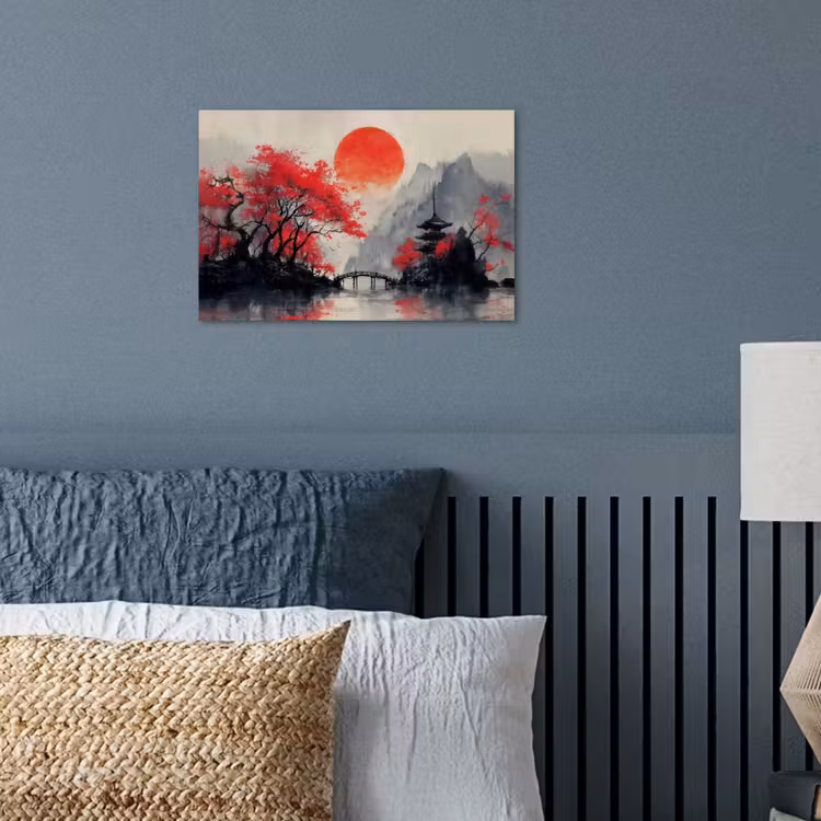 Rode zon - Rivier - brug - Bomen poster papier klein -sfeer2