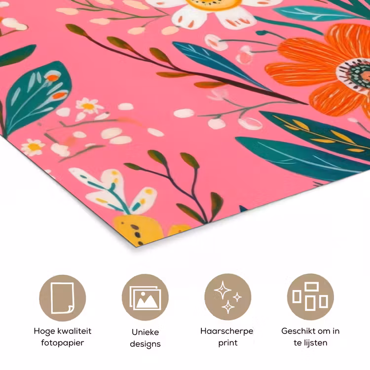 Roze - Bloemen - Wit - Oranje poster papier klein -closeup_NL