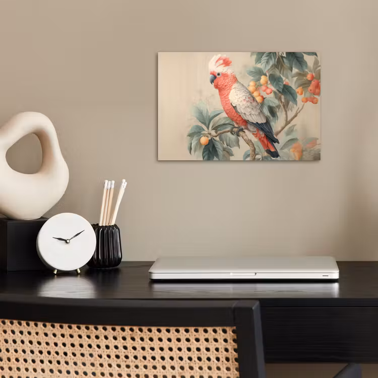 Roze kuifkaketoe - Tak met vruchten - Bladeren poster papier klein -sfeer1