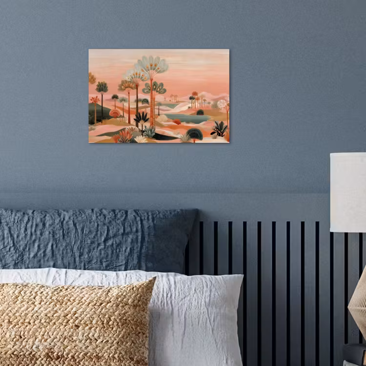 Roze landschap - Palmen - Water poster papier klein -sfeer2