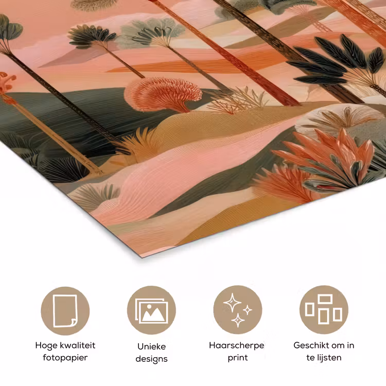 Roze landschap - Palmen - Water poster papier klein -closeup_NL