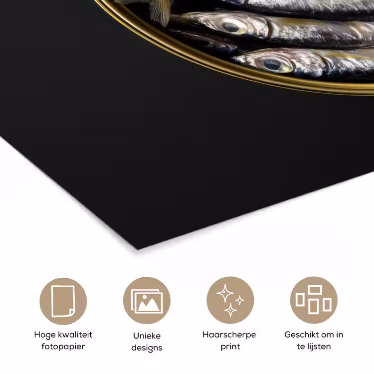 Sardines - Vissen - Rond - Zwart poster papier klein -closeup_NL