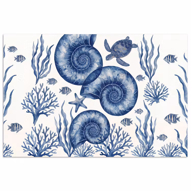 Schelp - Spiraal - Zeeleven - Aquarel - Blauw poster papier klein -3d