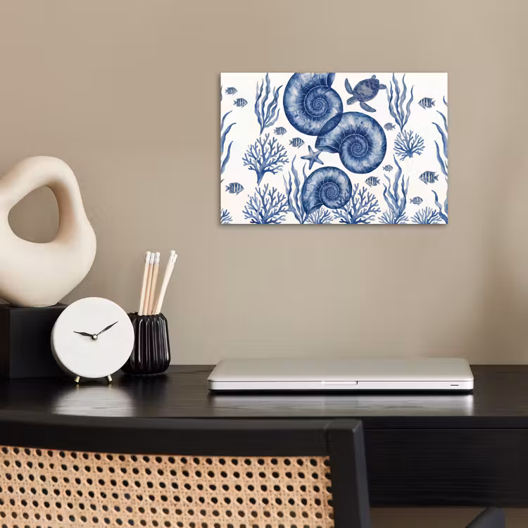 Schelp - Spiraal - Zeeleven - Aquarel - Blauw poster papier klein -sfeer1