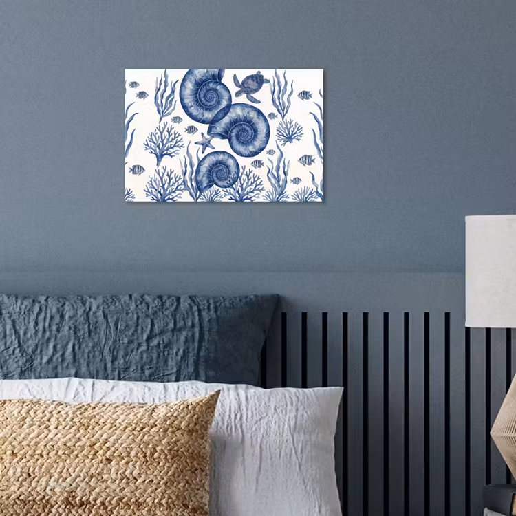 Schelp - Spiraal - Zeeleven - Aquarel - Blauw poster papier klein -sfeer2