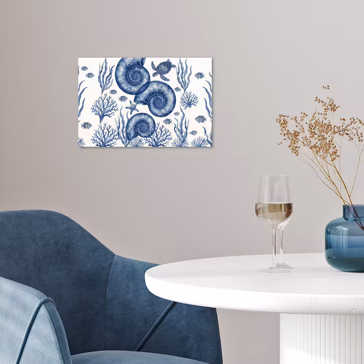 Schelp - Spiraal - Zeeleven - Aquarel - Blauw poster papier klein -sfeer3