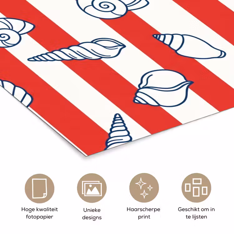 Schelp - Zeedieren - Zomer - Illustratie - Rood - Blauw poster papier klein -closeup_NL