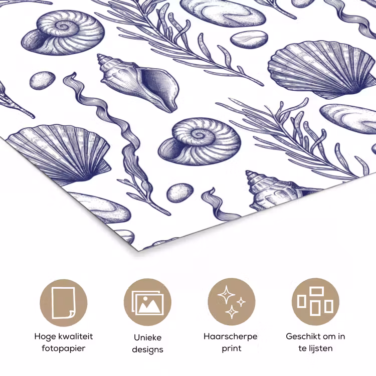Schelpen - Zeewier - Oceaan - Illustratie - Blauw poster papier klein -closeup_NL