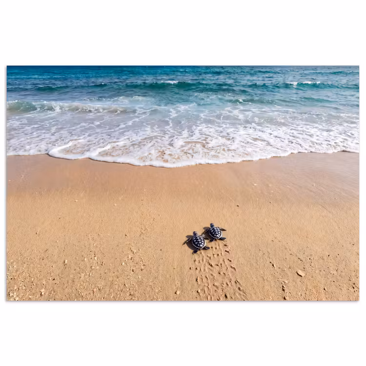 Schildpad - Jong - Strand - Oceaan - Blauw poster papier klein -3d