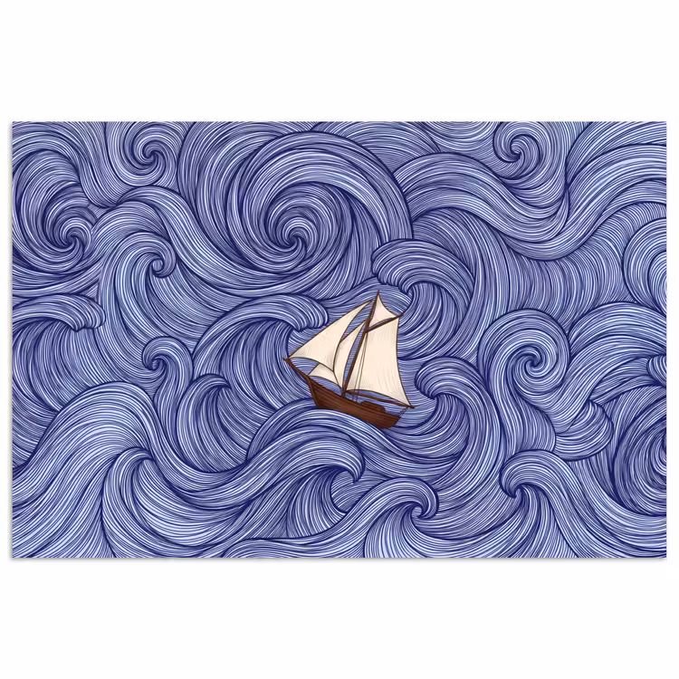 Schip - Golven - Zee - Illustratie - Blauw poster papier klein -3d