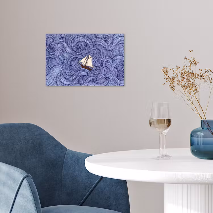 Schip - Golven - Zee - Illustratie - Blauw poster papier klein -sfeer3