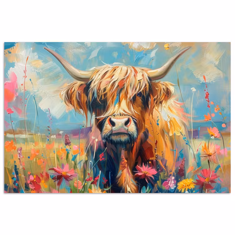 Schotse hooglander - Natuur - Kleurrijk - Bloemen poster papier klein -3d