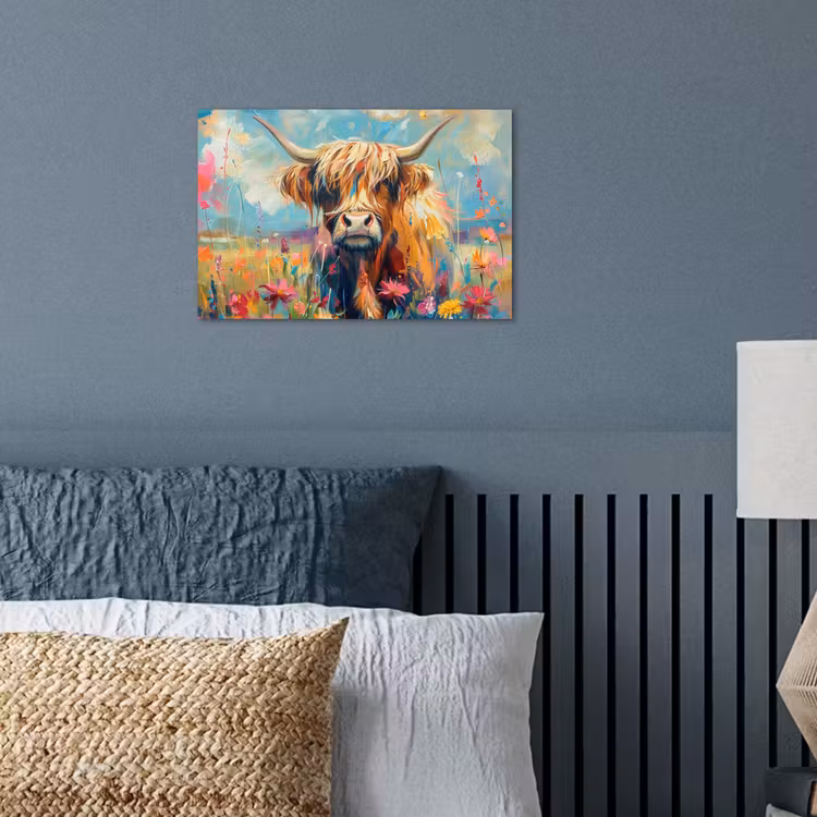 Schotse hooglander - Natuur - Kleurrijk - Bloemen poster papier klein -sfeer2