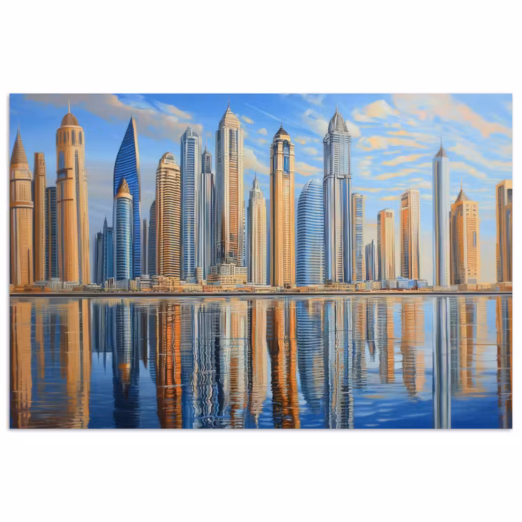 Skyline - Wolkenkrabbers - Water - Blauw poster papier klein -3d