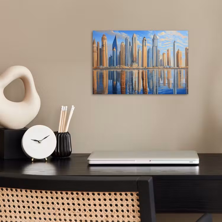 Skyline - Wolkenkrabbers - Water - Blauw poster papier klein -sfeer1