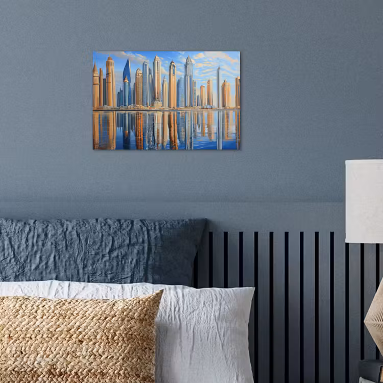 Skyline - Wolkenkrabbers - Water - Blauw poster papier klein -sfeer2