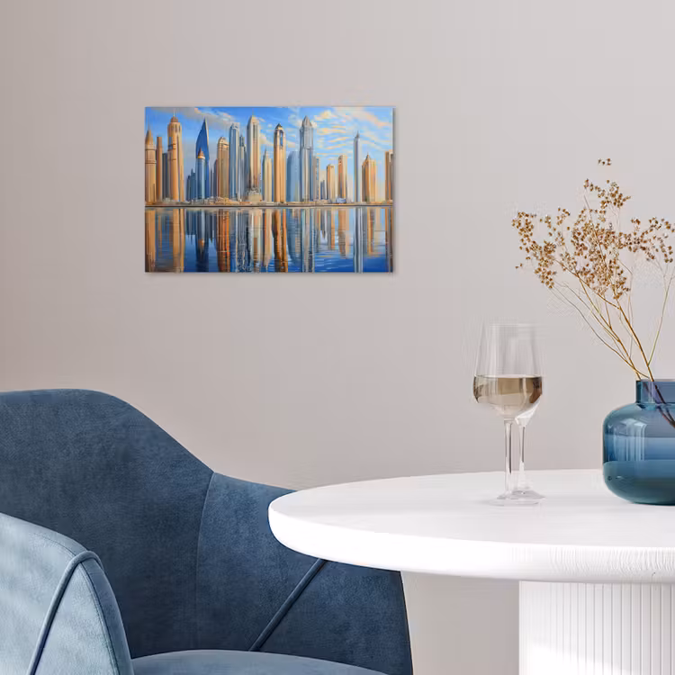 Skyline - Wolkenkrabbers - Water - Blauw poster papier klein -sfeer3