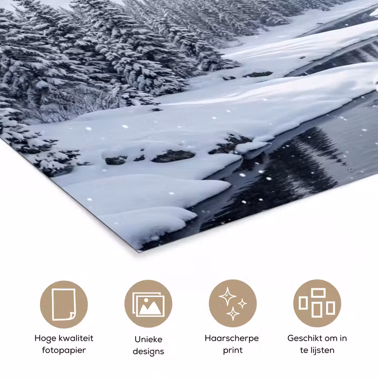 Sneeuwlandschap - Bergen - Rivier - Winter poster papier klein -closeup_NL