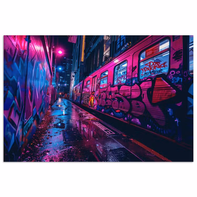 Stad - Neon - Nacht - Roze - Graffiti poster papier klein -3d