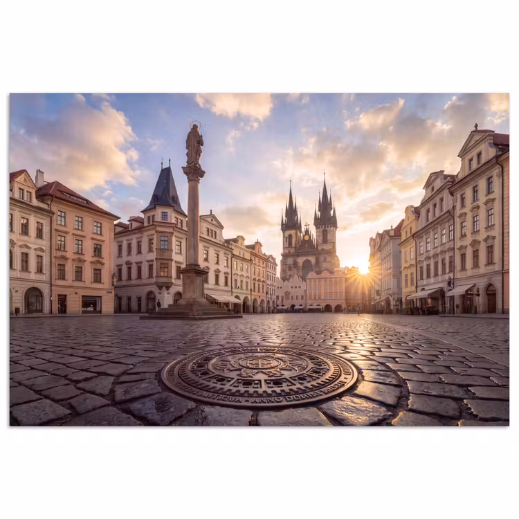 Stad - Praag - Ochtend - Architectuur - Goud poster papier klein -3d