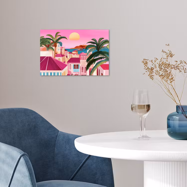 Stad - Roze - Palmbomen poster papier klein -sfeer3