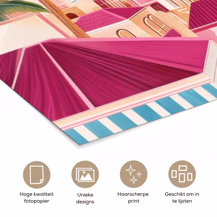 Stad - Roze - Palmbomen poster papier klein -closeup_NL