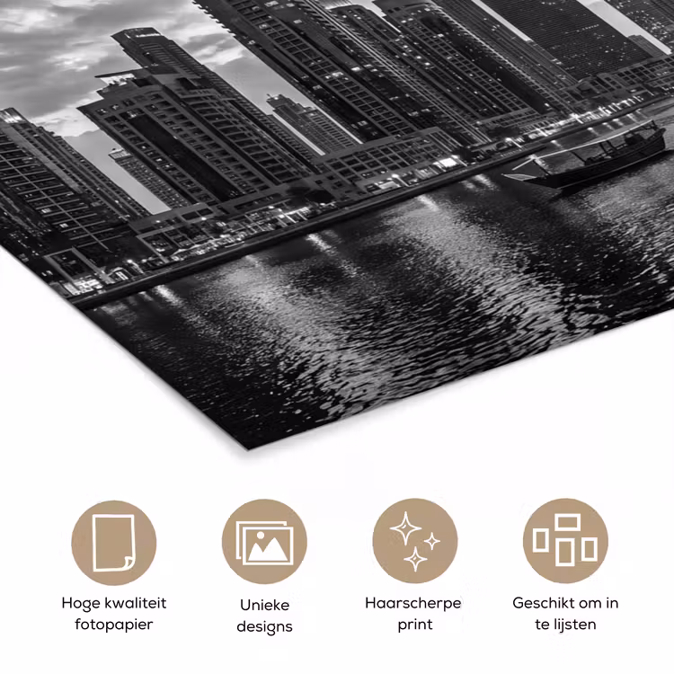 Stad - Skyline - Architectuur - Avond - Zwart-wit poster papier klein -closeup_NL