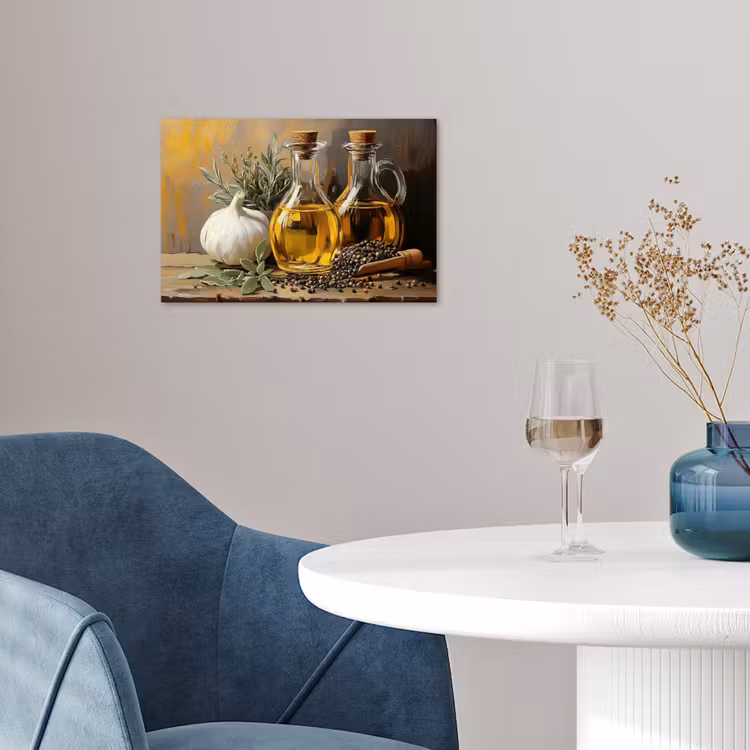 Stilleven - Olijfolie - Knoflook - Kruiden poster papier klein -sfeer3