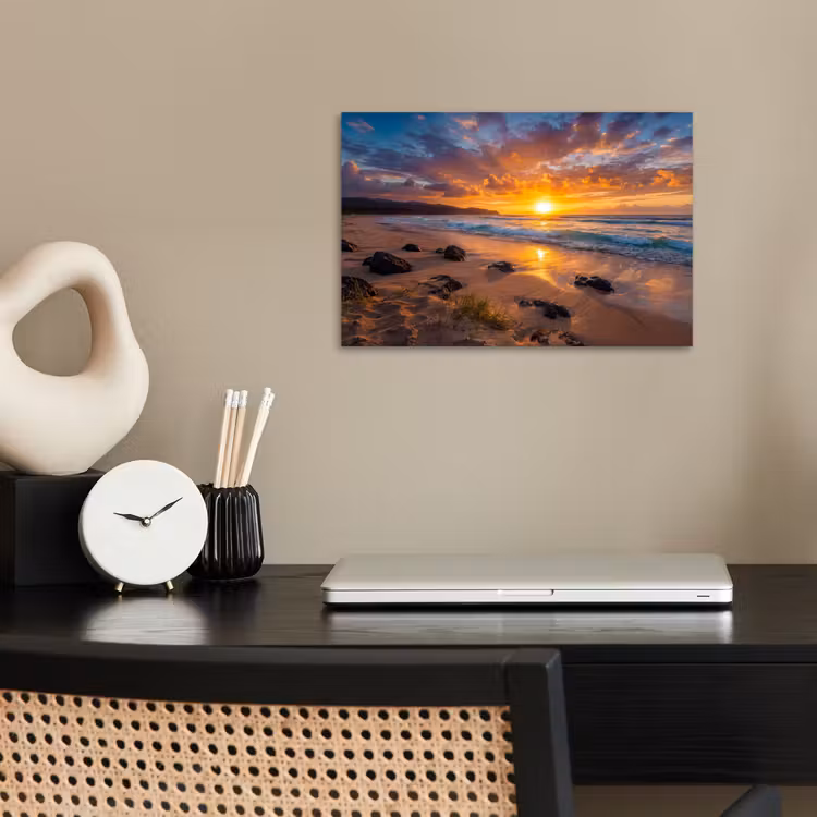 Strand - Zonsondergang - Golven - Natuur - Oranje poster papier klein -sfeer1