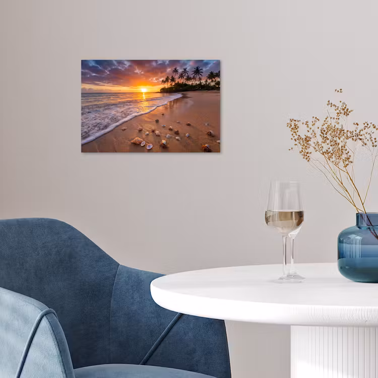 Strand - Zonsondergang - Palmbomen - Natuur - Oranje poster papier klein -sfeer3