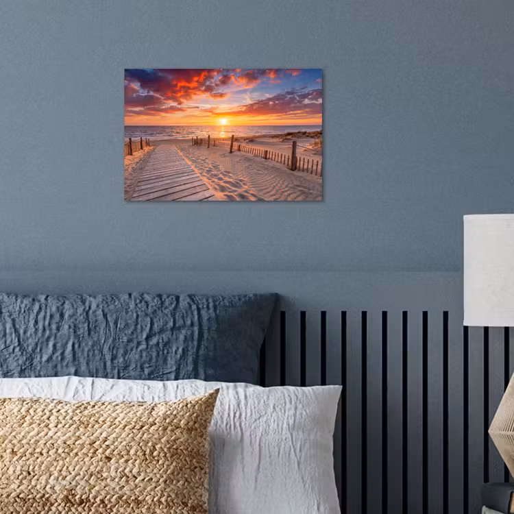 Strand - Zonsondergang - Zee - Natuur - Oranje poster papier klein -sfeer2