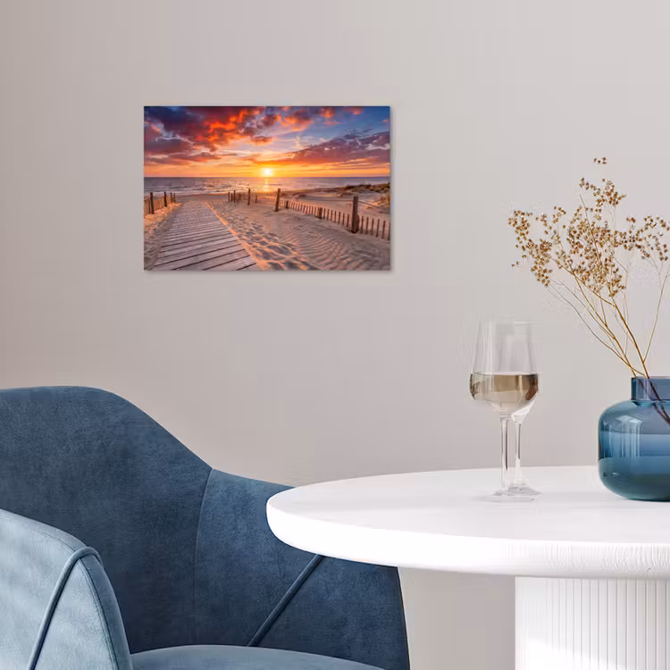 Strand - Zonsondergang - Zee - Natuur - Oranje poster papier klein -sfeer3