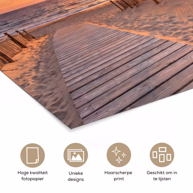 Strand - Zonsondergang - Zee - Natuur - Oranje poster papier klein -closeup_NL