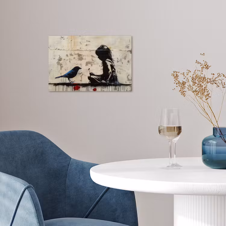 Street art - Meisje - Vogel - Graffiti - Banksy poster papier klein -sfeer3