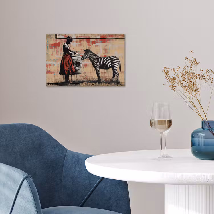 Street art - Zebra - Vrouw - Dieren - Graffiti - Banksy poster papier klein -sfeer3