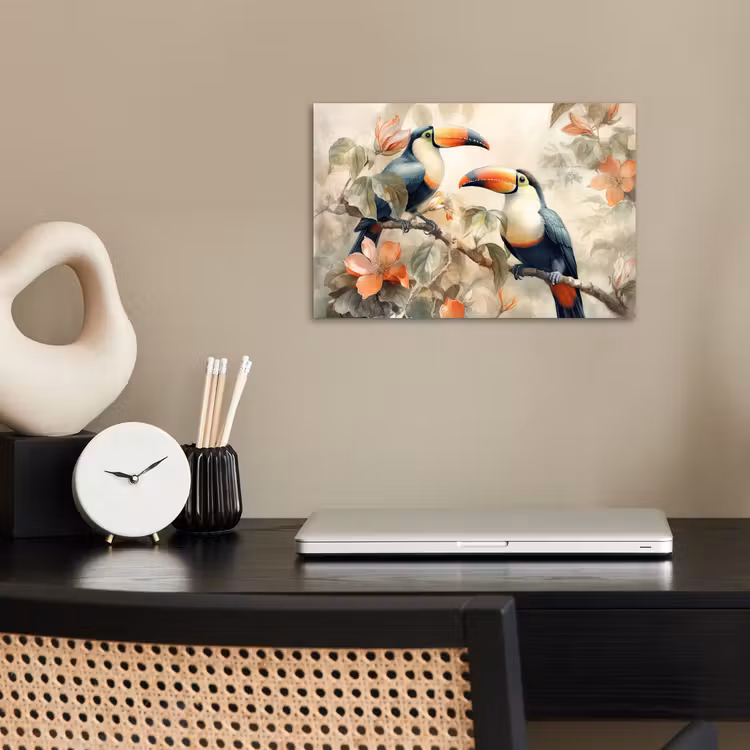 Toekan - Vogels - Bloemen - Tak poster papier klein -sfeer1